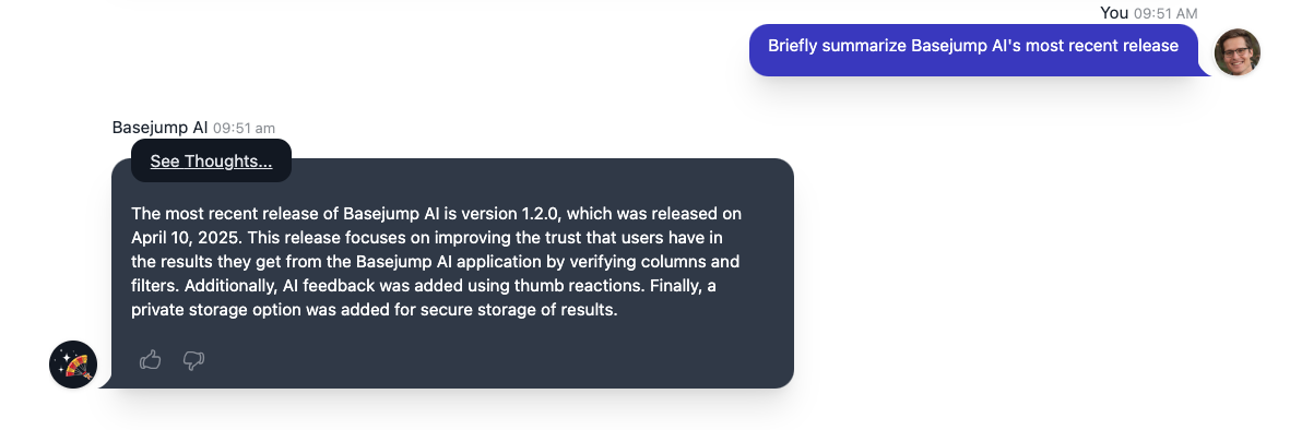 Screenshot from the Basejump AI chat explaining our latest release