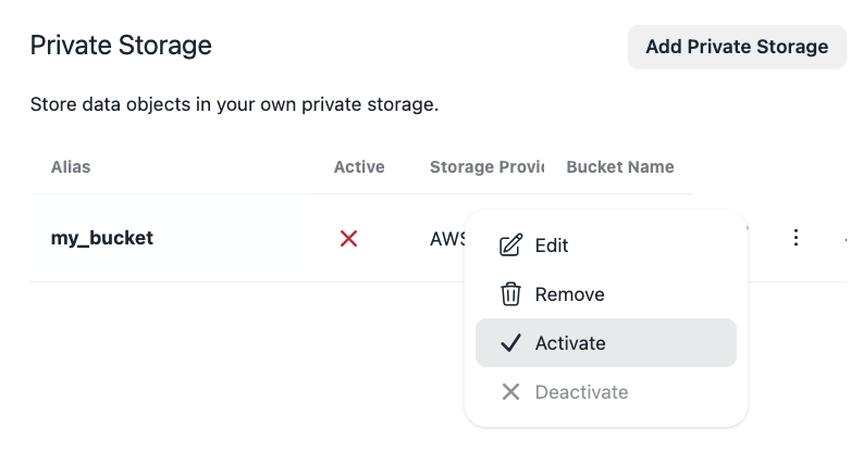 Screenshot of activating private storage